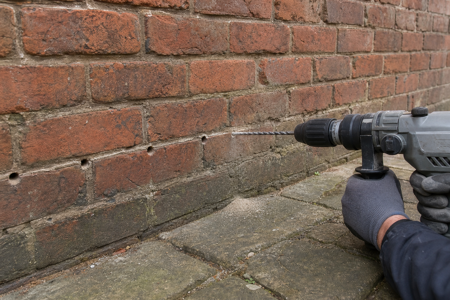 Technician drilling a level mortar course in older brickwork for damp-proofing treatment